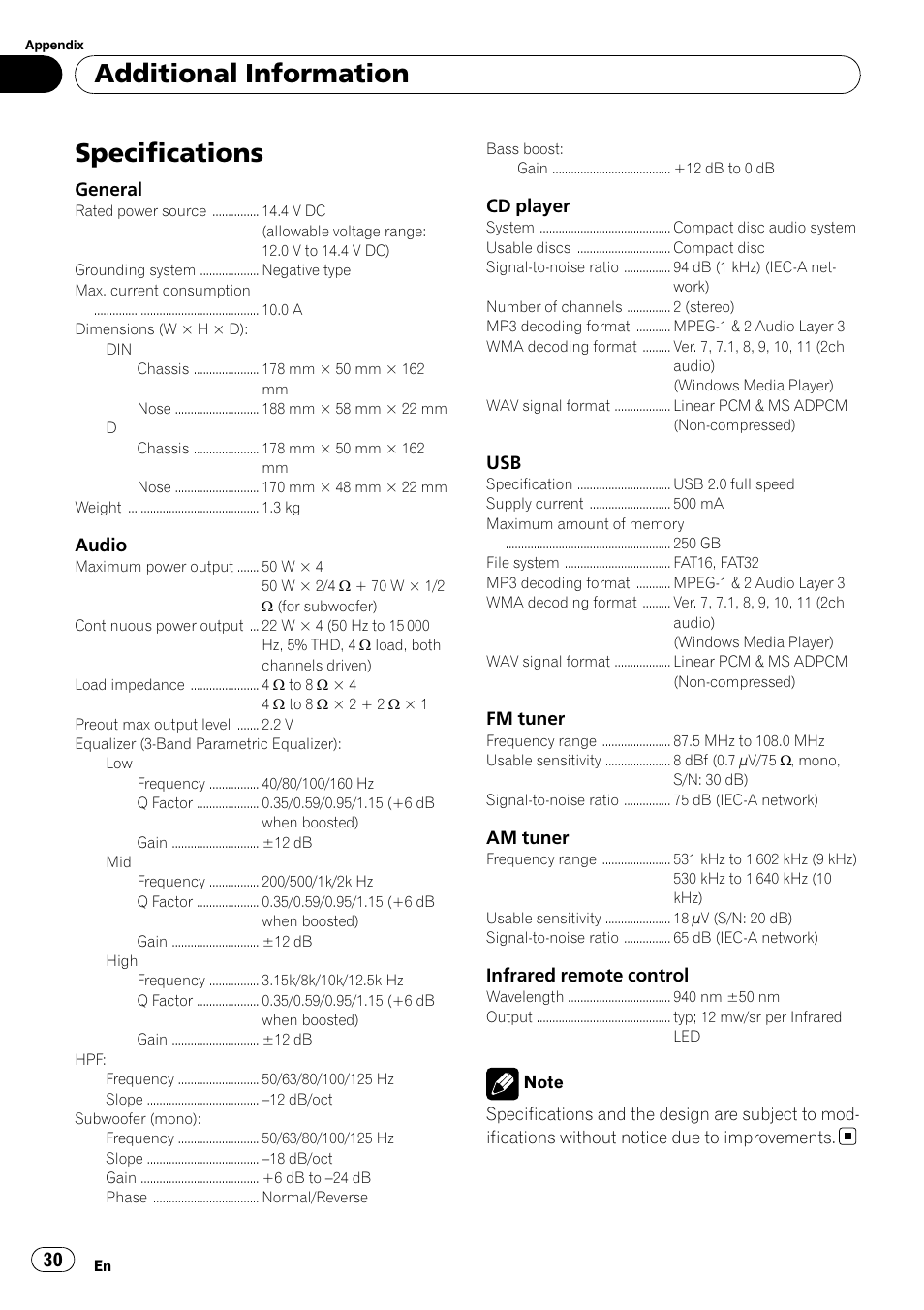 Specifications, Additional information | Pioneer DEH-3050UB User Manual | Page 30 / 93