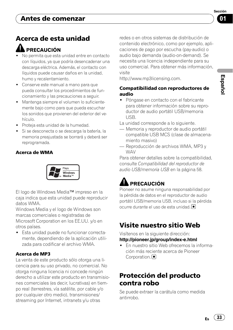 Antes de comenzar, Acerca de esta unidad, Visite nuestro sitio web | Protección del producto contra robo | Pioneer DEH-3050UB User Manual | Page 33 / 93