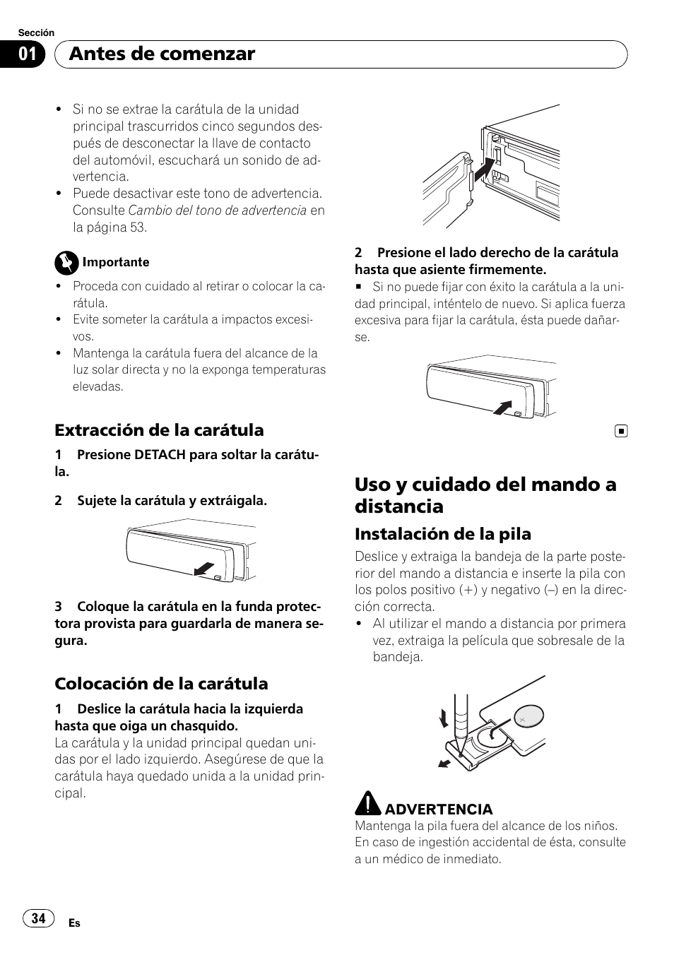 Extracción de la carátula 34, Colocación de la carátula 34, Uso y cuidado del mando a distancia | Instalación de la pila 34, Antes de comenzar, Extracción de la carátula, Colocación de la carátula, Instalación de la pila | Pioneer DEH-3050UB User Manual | Page 34 / 93