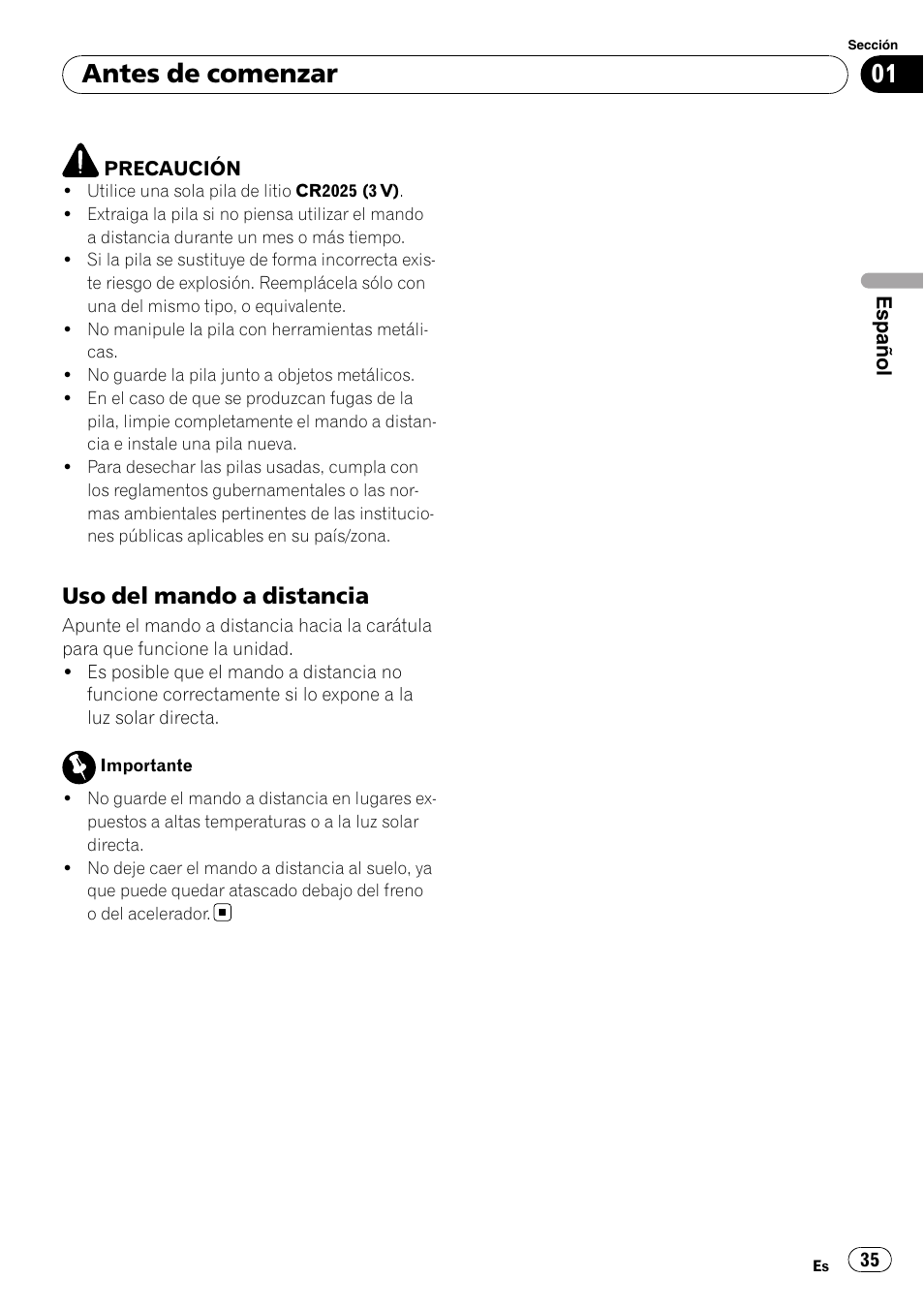 Uso del mando a distancia 35, Antes de comenzar, Uso del mando a distancia | Pioneer DEH-3050UB User Manual | Page 35 / 93