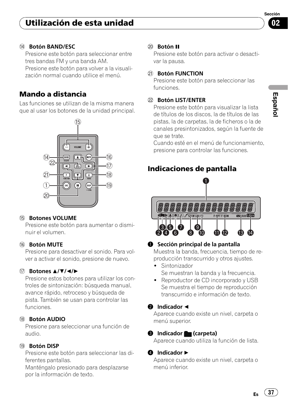 Mando a distancia 37, Indicaciones de pantalla 37, Utilización de esta unidad | Mando a distancia, Indicaciones de pantalla | Pioneer DEH-3050UB User Manual | Page 37 / 93