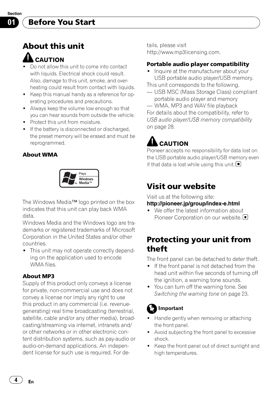Before you start, About this unit, Visit our website | Protecting your unit from theft | Pioneer DEH-3050UB User Manual | Page 4 / 93