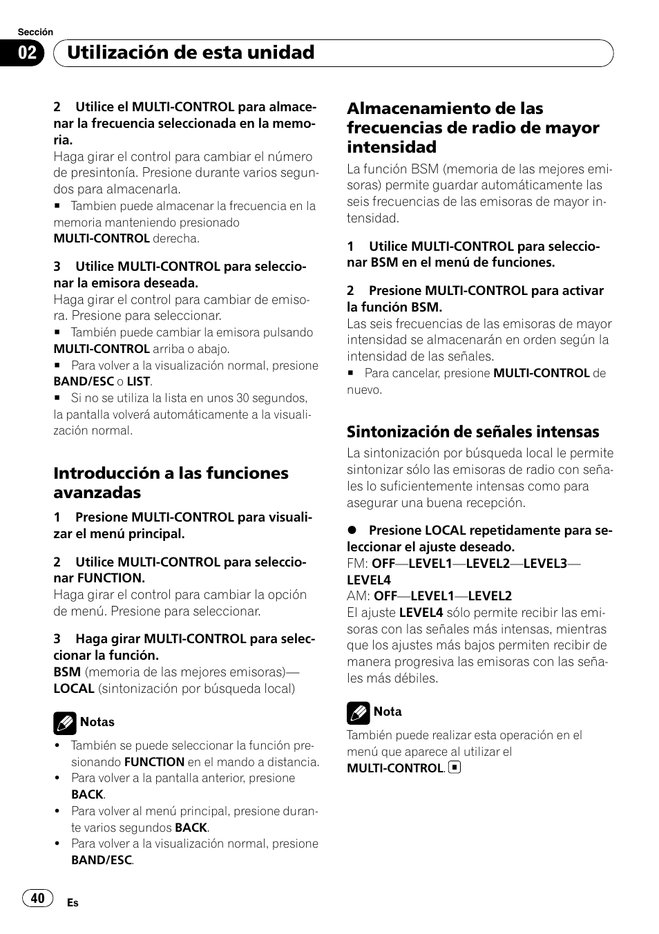 Introducción a las funciones, Avanzadas, Almacenamiento de las frecuencias de | Radio de mayor intensidad, Sintonización de señales intensas 40, Utilización de esta unidad, Introducción a las funciones avanzadas, Sintonización de señales intensas | Pioneer DEH-3050UB User Manual | Page 40 / 93