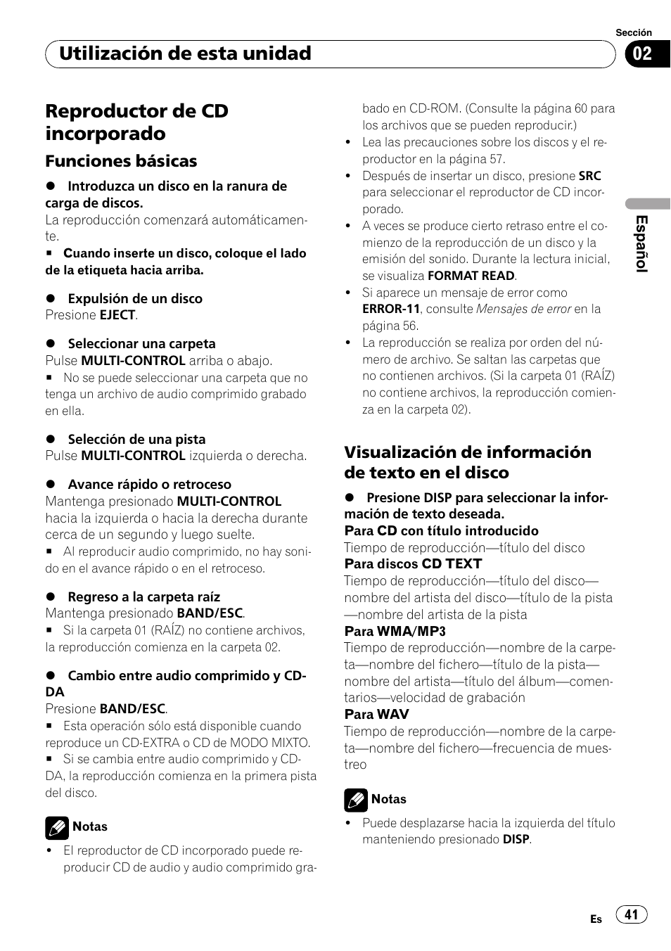 Reproductor de cd incorporado, Funciones básicas 41, Visualización de información de texto | En el disco, Utilización de esta unidad, Funciones básicas, Visualización de información de texto en el disco | Pioneer DEH-3050UB User Manual | Page 41 / 93