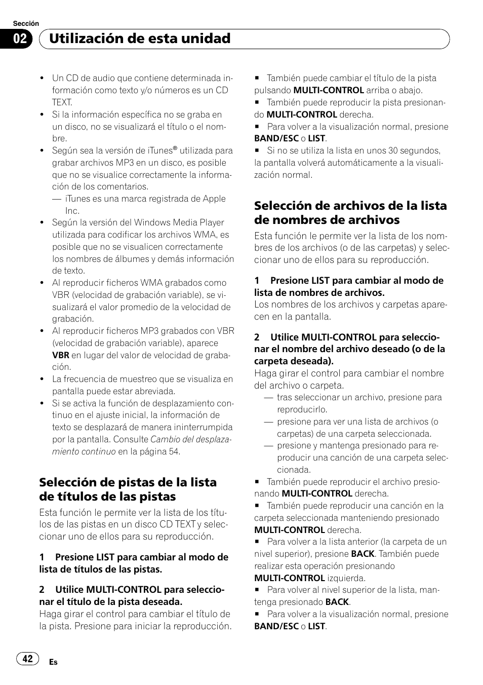 Selección de pistas de la lista de títulos, De las pistas, Selección de archivos de la lista de | Nombres de archivos, Utilización de esta unidad | Pioneer DEH-3050UB User Manual | Page 42 / 93