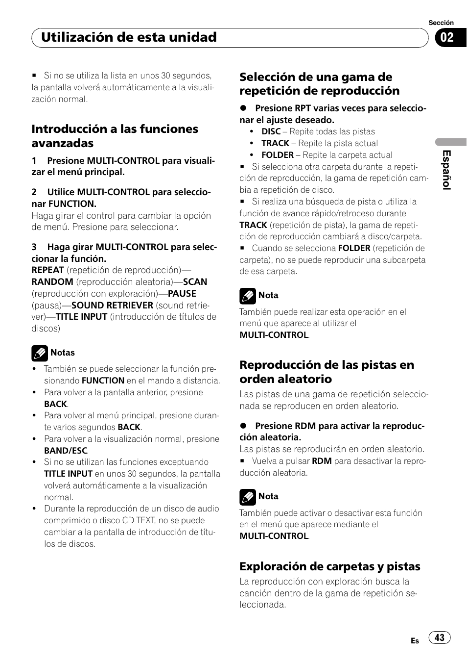 Introducción a las funciones, Avanzadas, Selección de una gama de repetición | De reproducción, Reproducción de las pistas en orden, Aleatorio, Exploración de carpetas y pistas 43, Utilización de esta unidad, Introducción a las funciones avanzadas, Reproducción de las pistas en orden aleatorio | Pioneer DEH-3050UB User Manual | Page 43 / 93