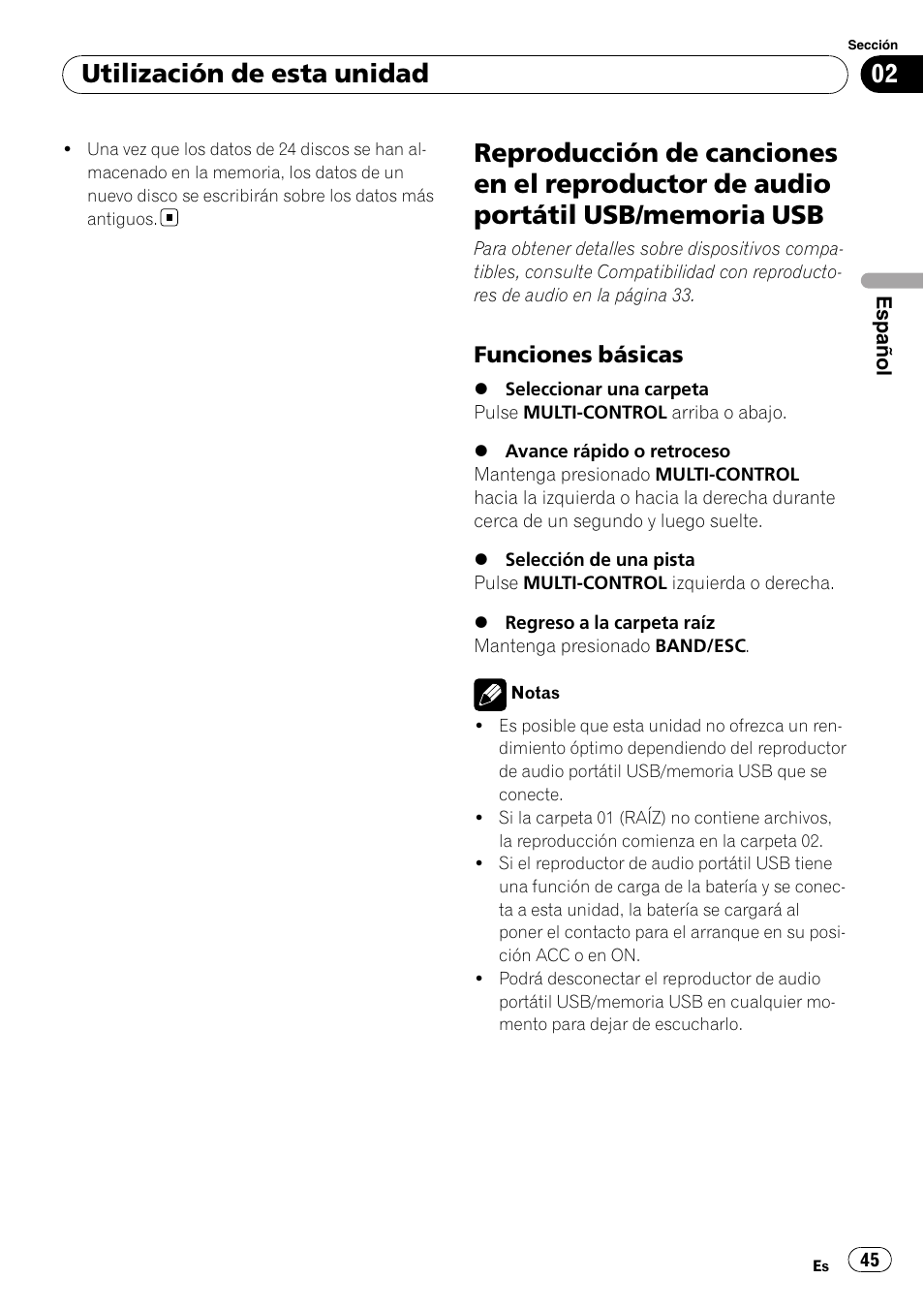 Reproducción de canciones en el, Reproductor de audio portátil usb/ memoria usb, Funciones básicas 45 | Utilización de esta unidad, Funciones básicas | Pioneer DEH-3050UB User Manual | Page 45 / 93