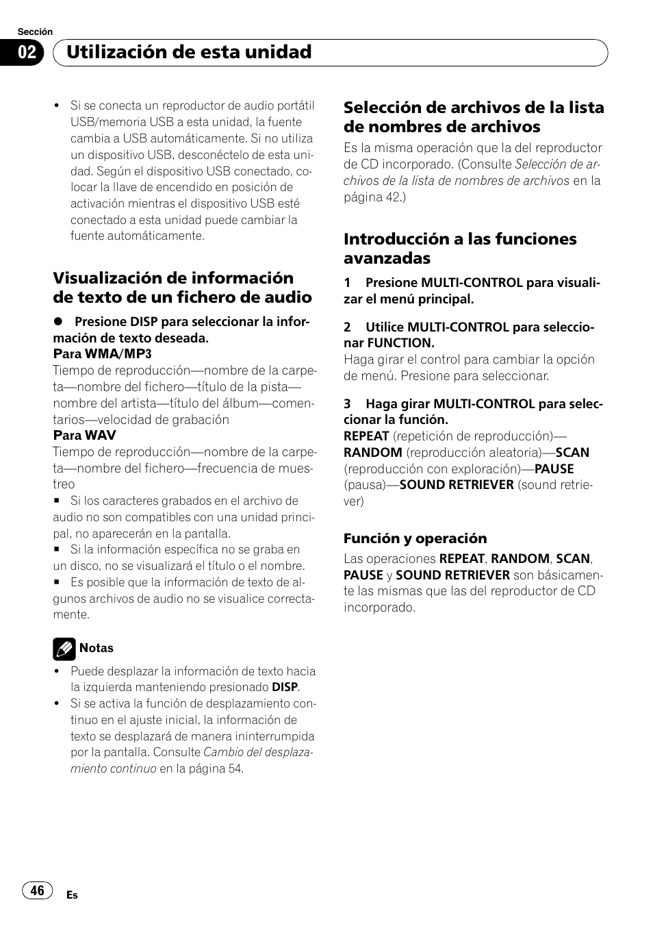 Visualización de información de texto, De un fichero de audio, Selección de archivos de la lista de | Nombres de archivos, Introducción a las funciones, Avanzadas, Utilización de esta unidad, Introducción a las funciones avanzadas | Pioneer DEH-3050UB User Manual | Page 46 / 93