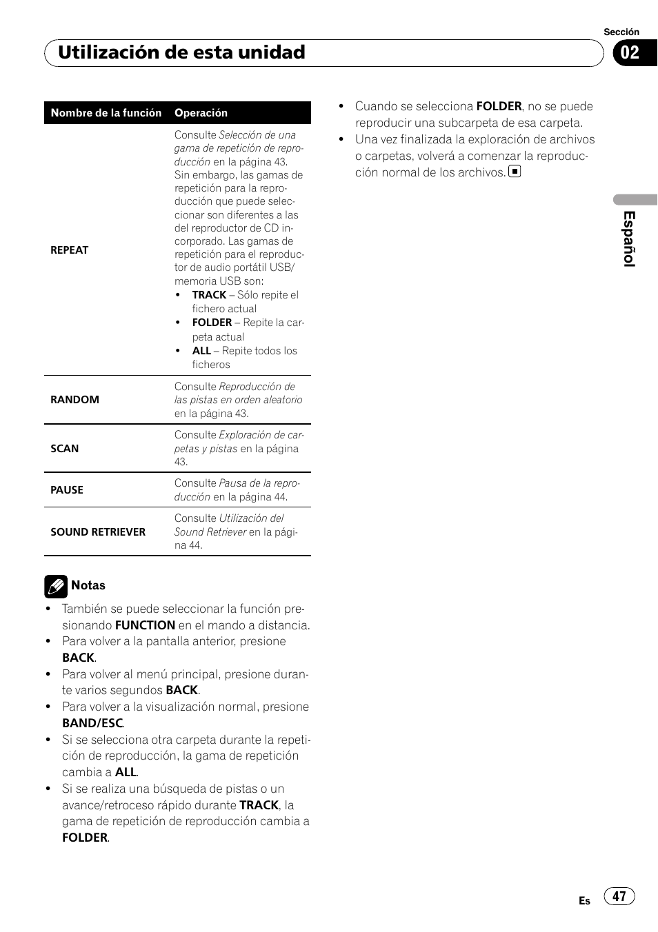 Utilización de esta unidad, Español | Pioneer DEH-3050UB User Manual | Page 47 / 93