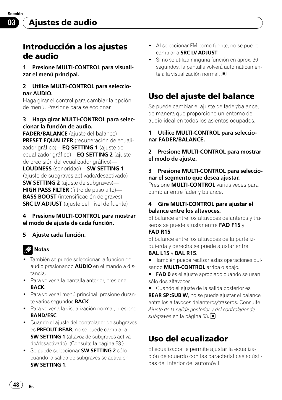 Uso del ajuste del balance, Uso del ecualizador, Introducción a los ajustes de audio | Ajustes de audio | Pioneer DEH-3050UB User Manual | Page 48 / 93