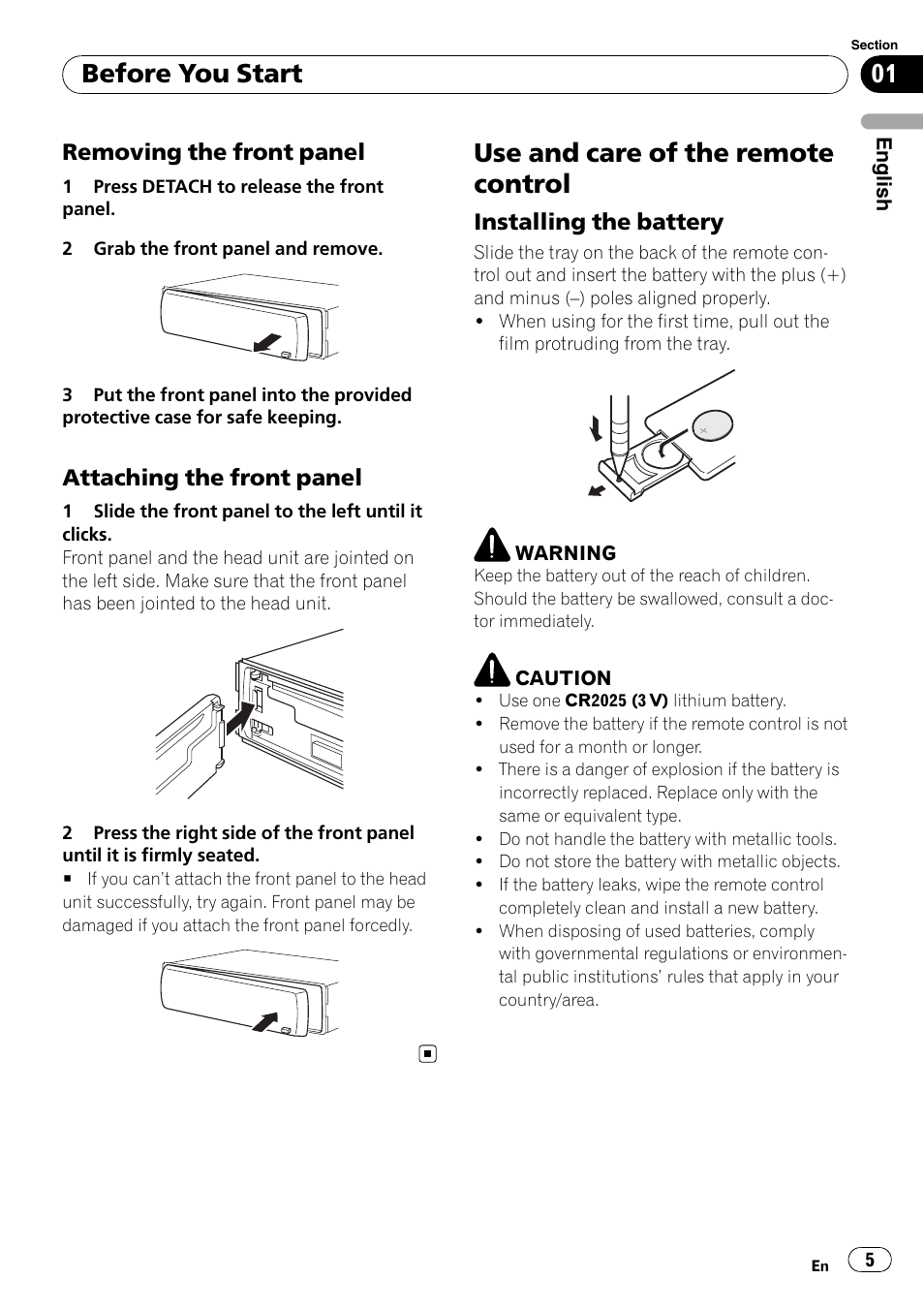 Removing the front panel 5, Attaching the front panel 5, Use and care of the remote control | Installing the battery 5, Before you start, Removing the front panel, Attaching the front panel, Installing the battery | Pioneer DEH-3050UB User Manual | Page 5 / 93