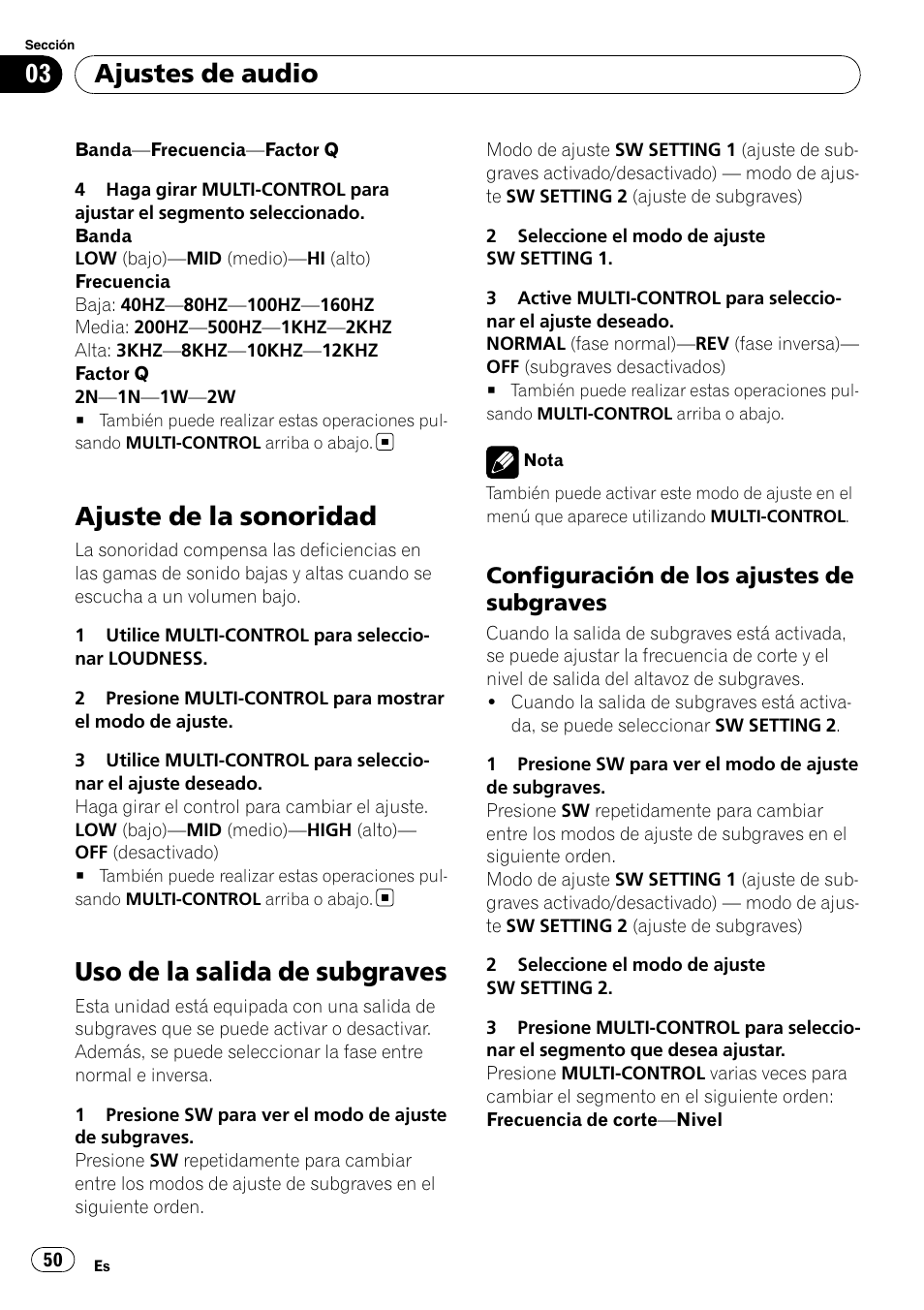 Ajuste de la sonoridad, Uso de la salida de subgraves, Configuración de los ajustes de | Subgraves, Ajustes de audio, Configuración de los ajustes de subgraves | Pioneer DEH-3050UB User Manual | Page 50 / 93