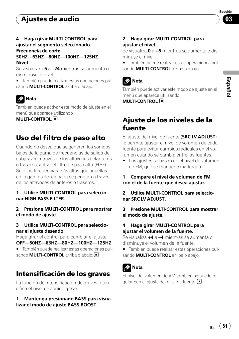 Uso del filtro de paso alto, Intensificación de los graves, Ajuste de los niveles de la fuente | Ajustes de audio | Pioneer DEH-3050UB User Manual | Page 51 / 93