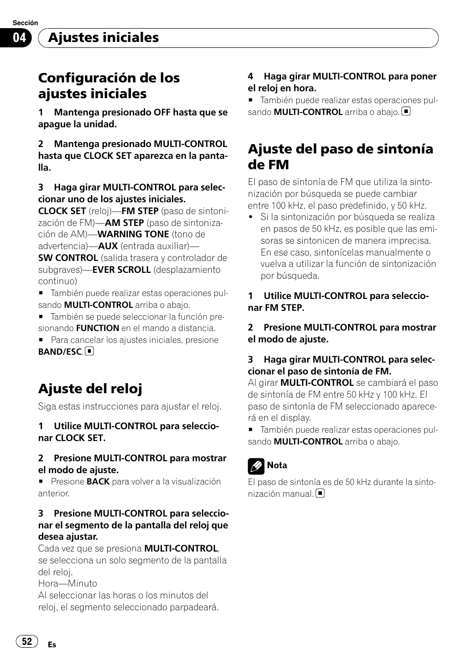 Ajuste del reloj, Ajuste del paso de sintonía de fm, Configuración de los ajustes iniciales | Ajustes iniciales | Pioneer DEH-3050UB User Manual | Page 52 / 93
