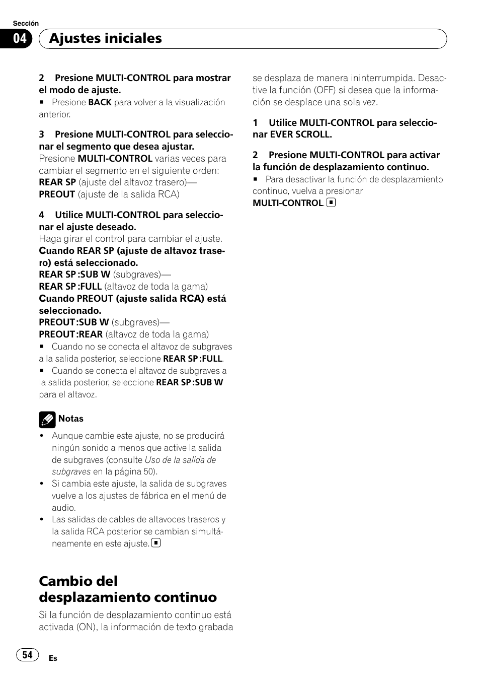 Cambio del desplazamiento continuo, Ajustes iniciales | Pioneer DEH-3050UB User Manual | Page 54 / 93