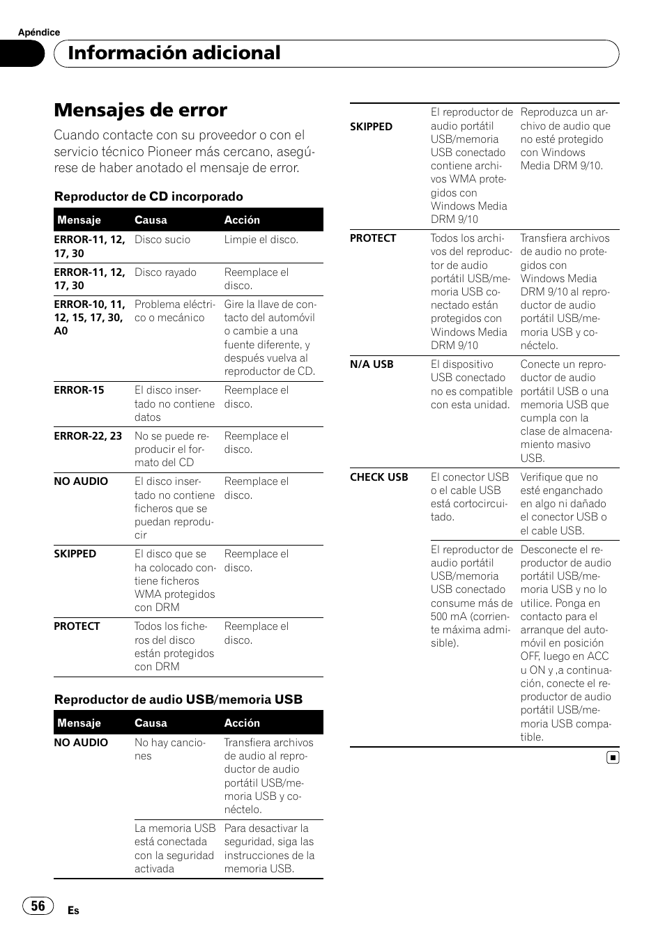 Información adicional mensajes de error, Mensajes de error, Información adicional | Pioneer DEH-3050UB User Manual | Page 56 / 93