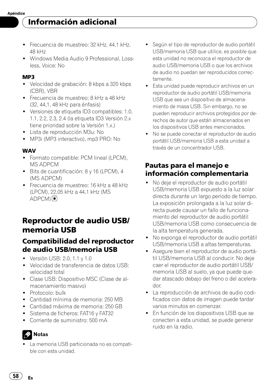 Reproductor de audio usb/memoria, Compatibilidad del reproductor de, Audio usb/memoria usb | Pautas para el manejo e información, Complementaria, Información adicional, Pautas para el manejo e información complementaria | Pioneer DEH-3050UB User Manual | Page 58 / 93