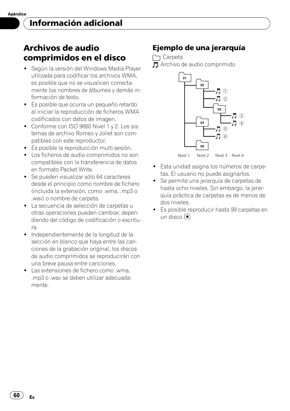Archivos de audio comprimidos en el, Disco, Ejemplo de una jerarquía 60 | Archivos de audio comprimidos en el disco, Información adicional, Ejemplo de una jerarquía | Pioneer DEH-3050UB User Manual | Page 60 / 93