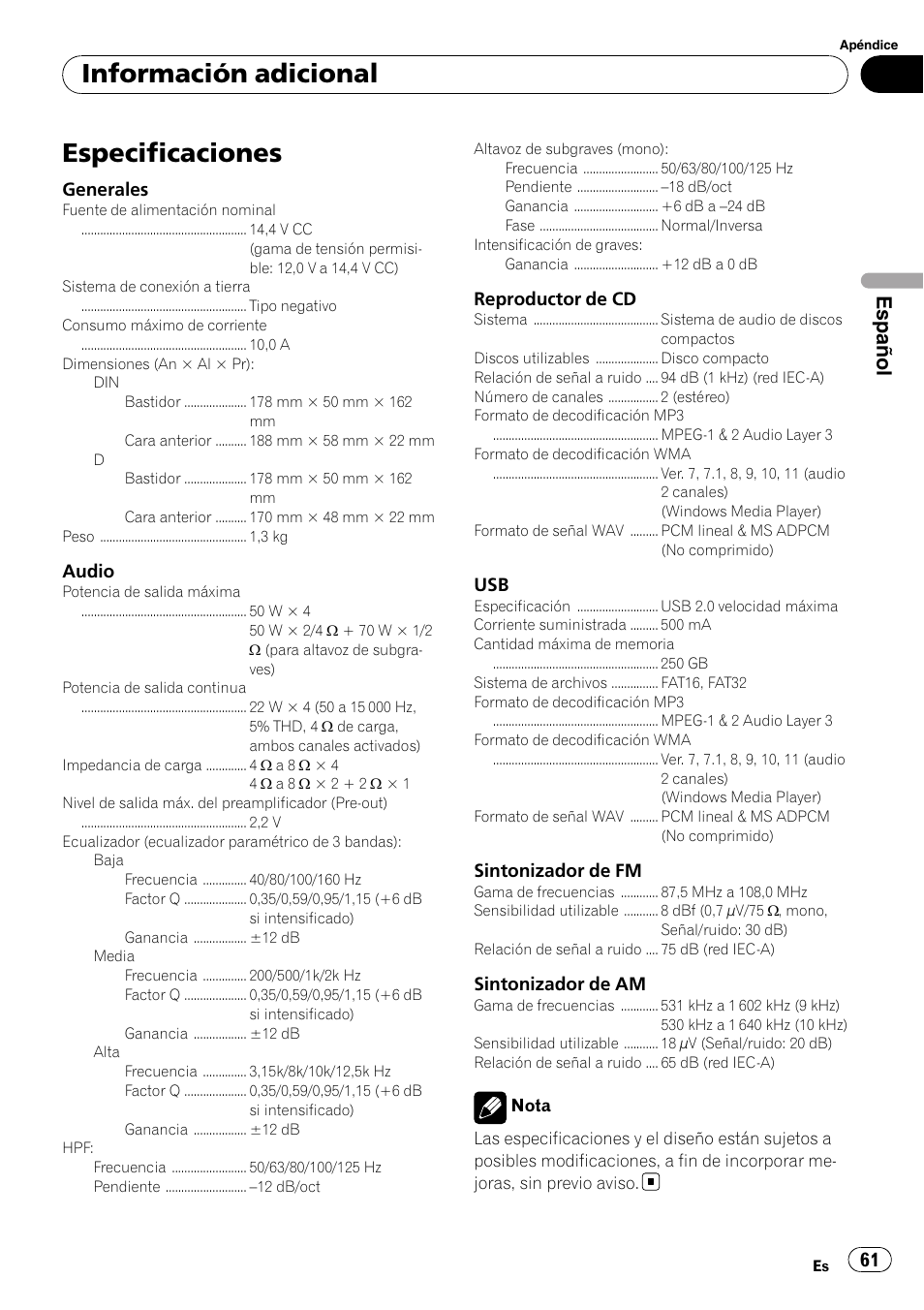 Especificaciones, Información adicional, Español | Pioneer DEH-3050UB User Manual | Page 61 / 93