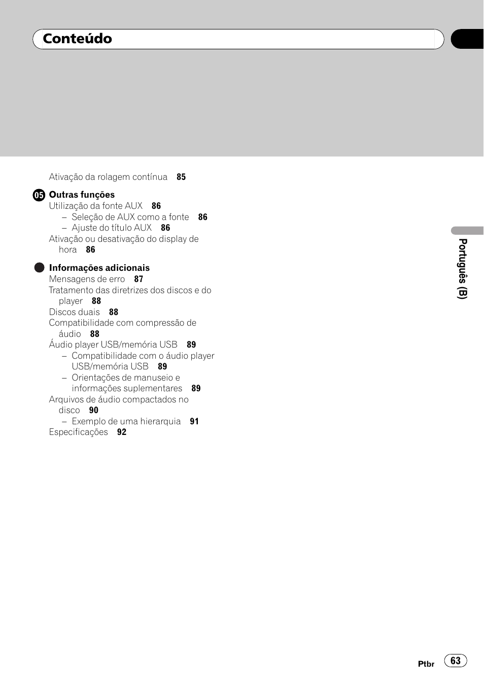 Conteúdo | Pioneer DEH-3050UB User Manual | Page 63 / 93