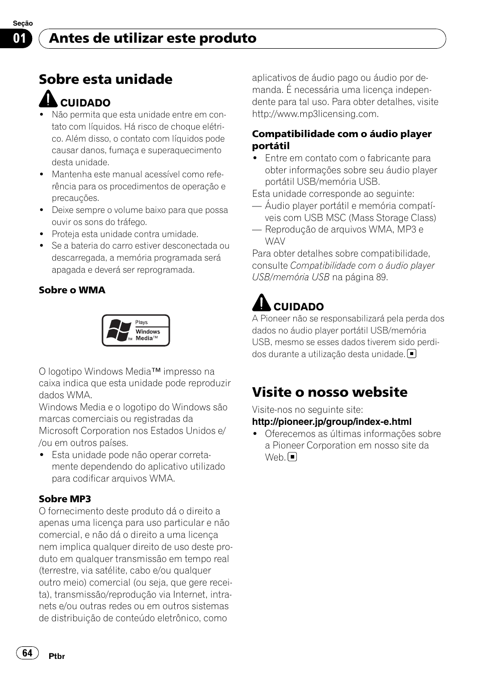 Antes de utilizar este produto, Sobre esta unidade, Visite o nosso website | Pioneer DEH-3050UB User Manual | Page 64 / 93