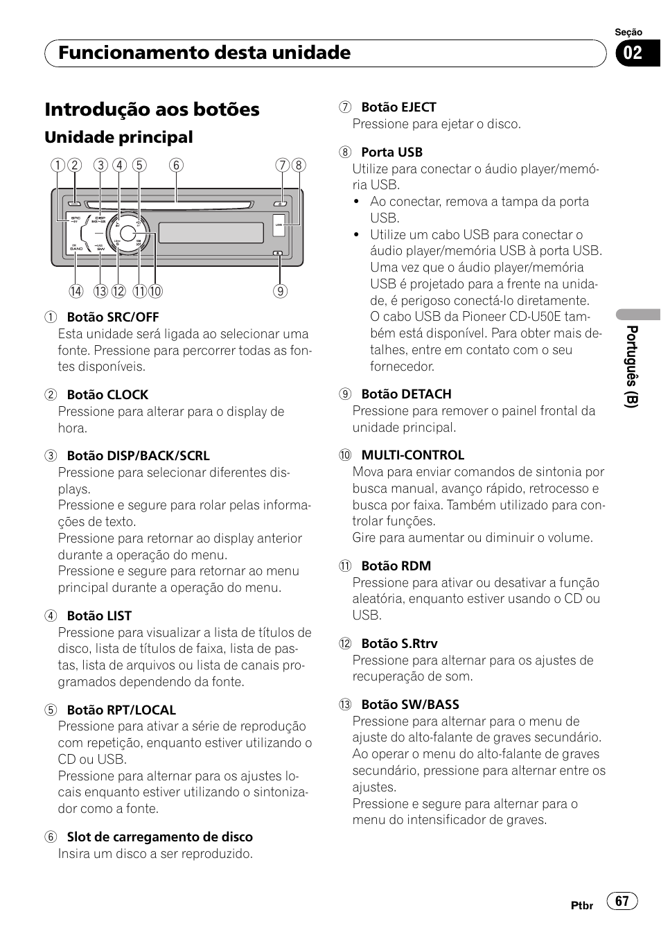 Funcionamento desta unidade introdução aos botões, Unidade principal 67, Introdução aos botões | Funcionamento desta unidade | Pioneer DEH-3050UB User Manual | Page 67 / 93