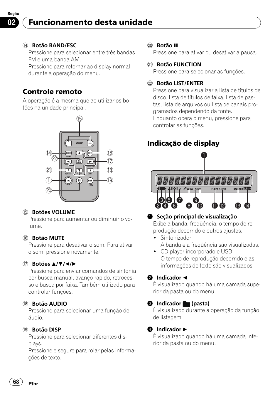 Controle remoto 68, Indicação de display 68, Funcionamento desta unidade | Controle remoto, Indicação de display | Pioneer DEH-3050UB User Manual | Page 68 / 93