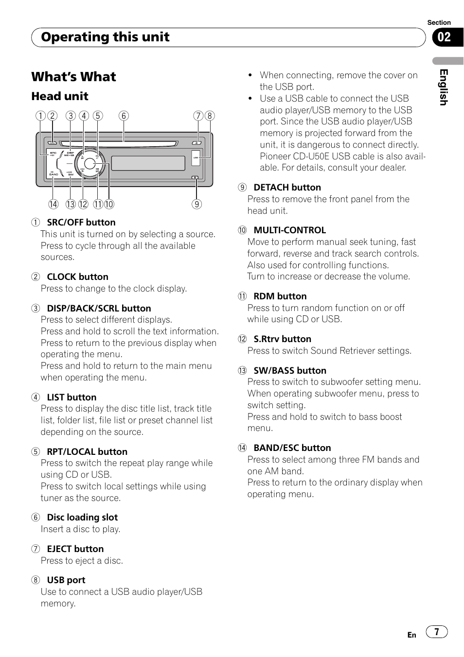 Operating this unit what, S what 7, Head unit 7 | What ’ s what, Operating this unit | Pioneer DEH-3050UB User Manual | Page 7 / 93
