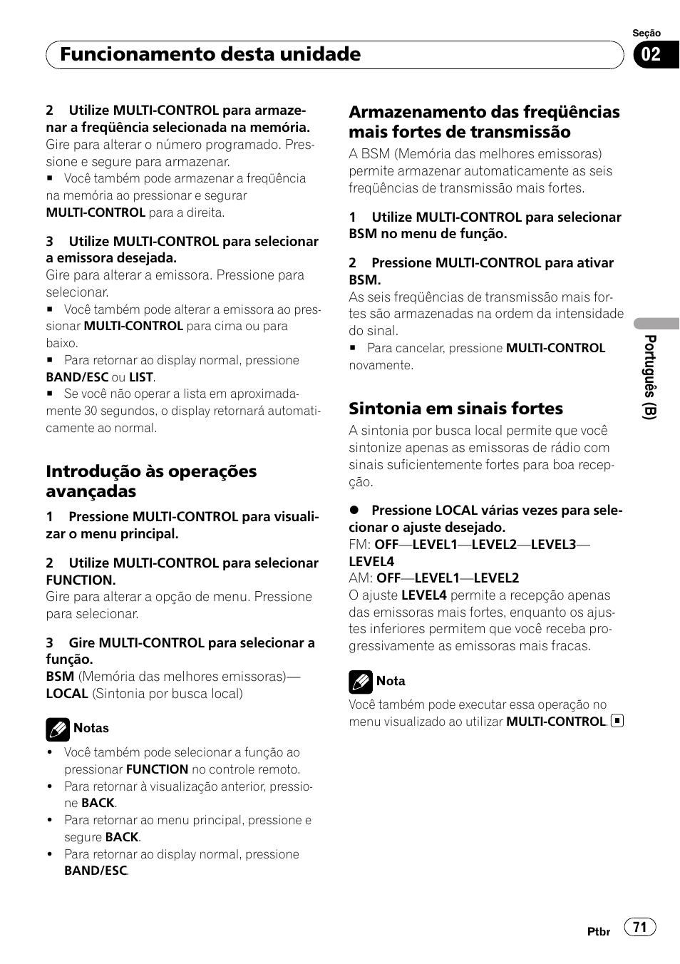 Introdução às operações, Avançadas, Armazenamento das freqüências mais | Fortes de transmissão, Sintonia em sinais fortes 71, Funcionamento desta unidade, Introdução às operações avançadas, Sintonia em sinais fortes | Pioneer DEH-3050UB User Manual | Page 71 / 93