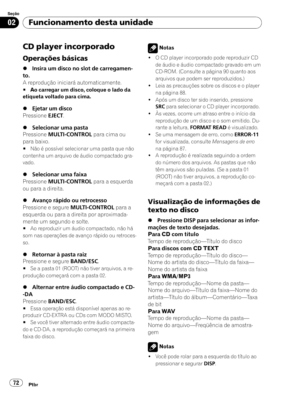 Cd player incorporado, Operações básicas 72, Visualização de informações de texto | No disco, Funcionamento desta unidade, Operações básicas, Visualização de informações de texto no disco | Pioneer DEH-3050UB User Manual | Page 72 / 93