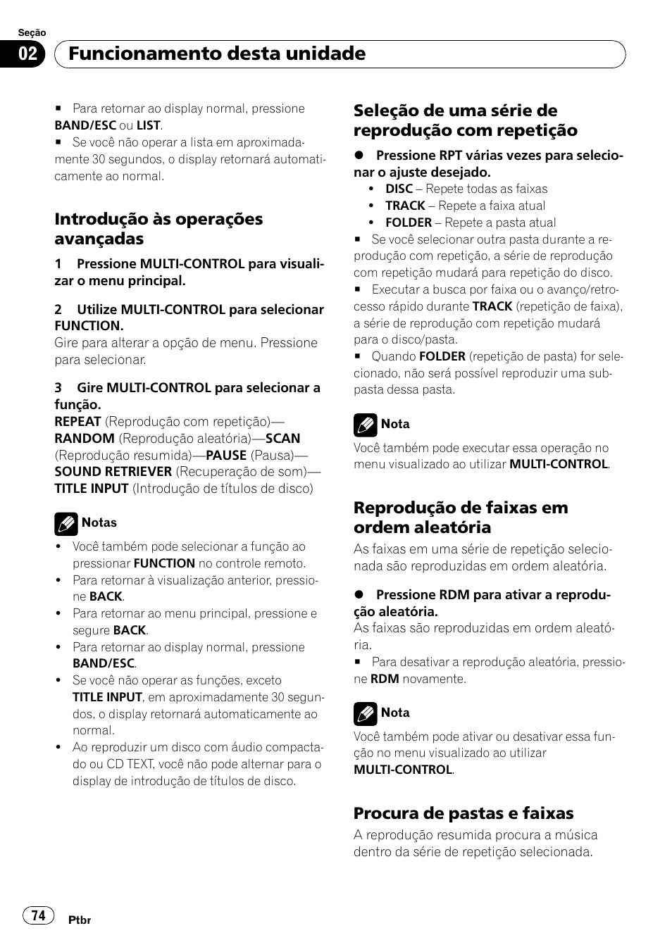 Introdução às operações, Avançadas, Seleção de uma série de reprodução | Com repetição, Reprodução de faixas em ordem, Aleatória, Procura de pastas e faixas 74, Funcionamento desta unidade, Introdução às operações avançadas, Seleção de uma série de reprodução com repetição | Pioneer DEH-3050UB User Manual | Page 74 / 93
