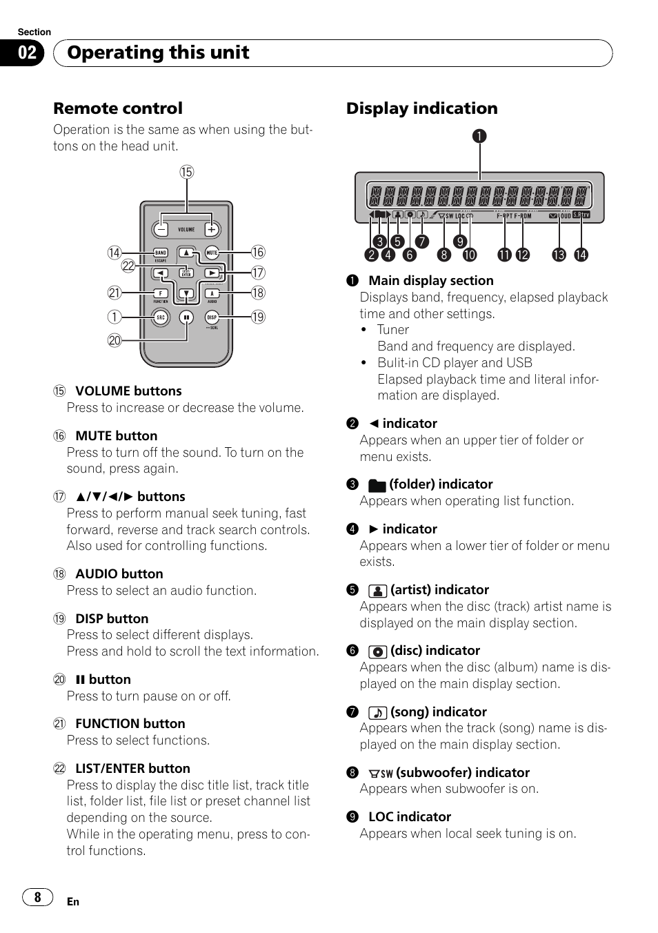 Remote control 8, Display indication 8, Operating this unit | Remote control, Display indication | Pioneer DEH-3050UB User Manual | Page 8 / 93