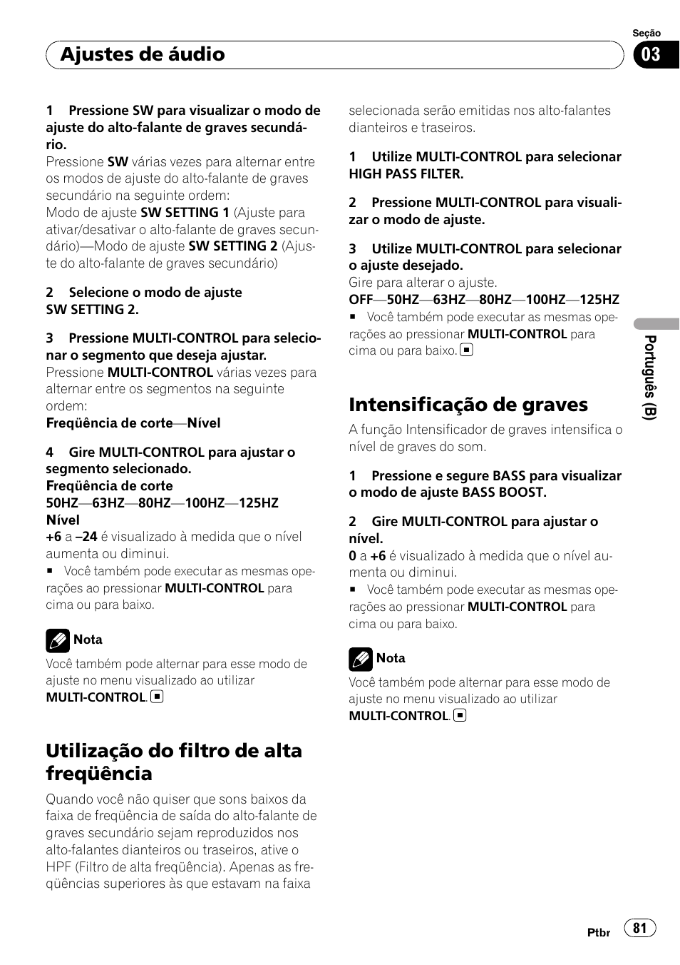 Utilização do filtro de alta freqüência, Intensificação de graves, Ajustes de áudio | Pioneer DEH-3050UB User Manual | Page 81 / 93