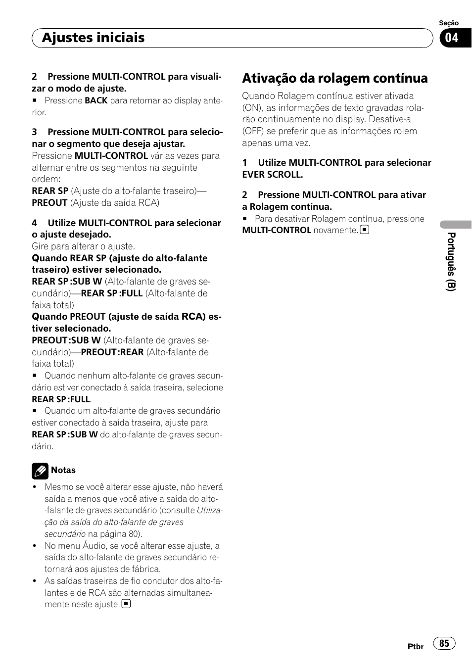 Ativação da rolagem contínua, Ajustes iniciais | Pioneer DEH-3050UB User Manual | Page 85 / 93