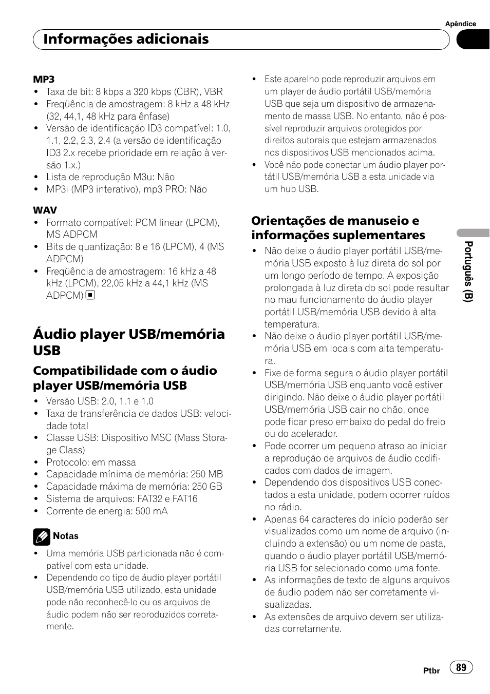 Áudio player usb/memória usb, Compatibilidade com o áudio player, Usb/memória usb | Orientações de manuseio e, Informações suplementares, Informações adicionais, Compatibilidade com o áudio player usb/memória usb | Pioneer DEH-3050UB User Manual | Page 89 / 93