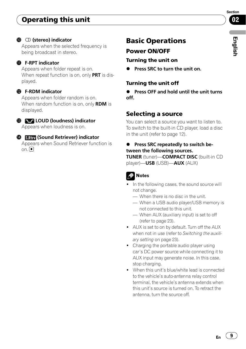 Basic operations, Power on/off 9, Selecting a source 9 | Operating this unit, Power on/off, Selecting a source | Pioneer DEH-3050UB User Manual | Page 9 / 93