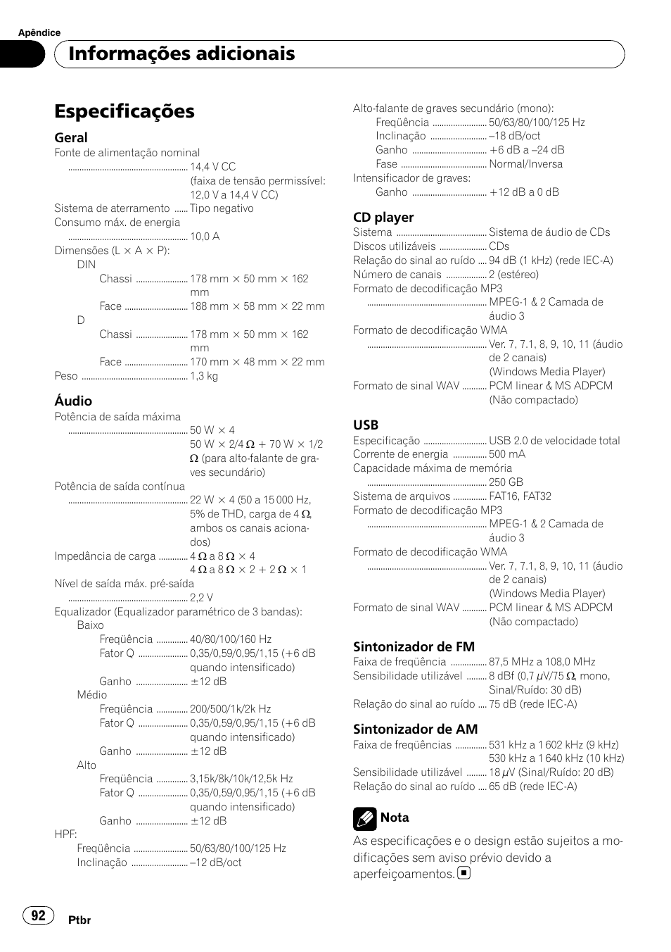Especificações, Informações adicionais | Pioneer DEH-3050UB User Manual | Page 92 / 93
