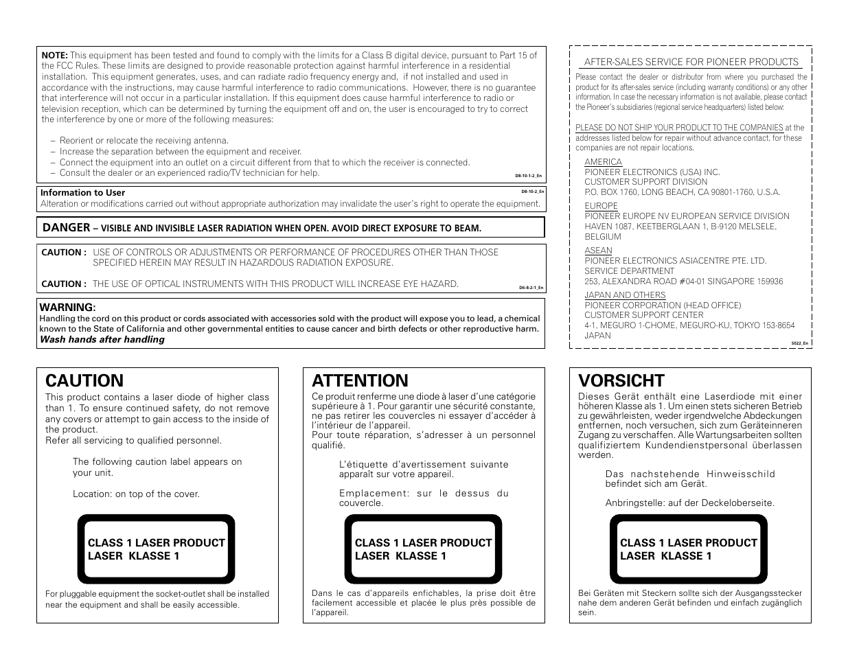 Attention, Vorsicht, Caution | Pioneer DVD/CD Writer DVR-108 User Manual | Page 2 / 8