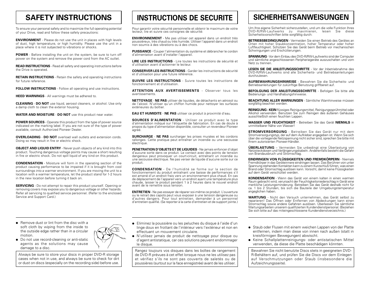 Safety instructions, Instructions de securite, Sicherheitsanweisungen | Pioneer DVD/CD Writer DVR-108 User Manual | Page 3 / 8
