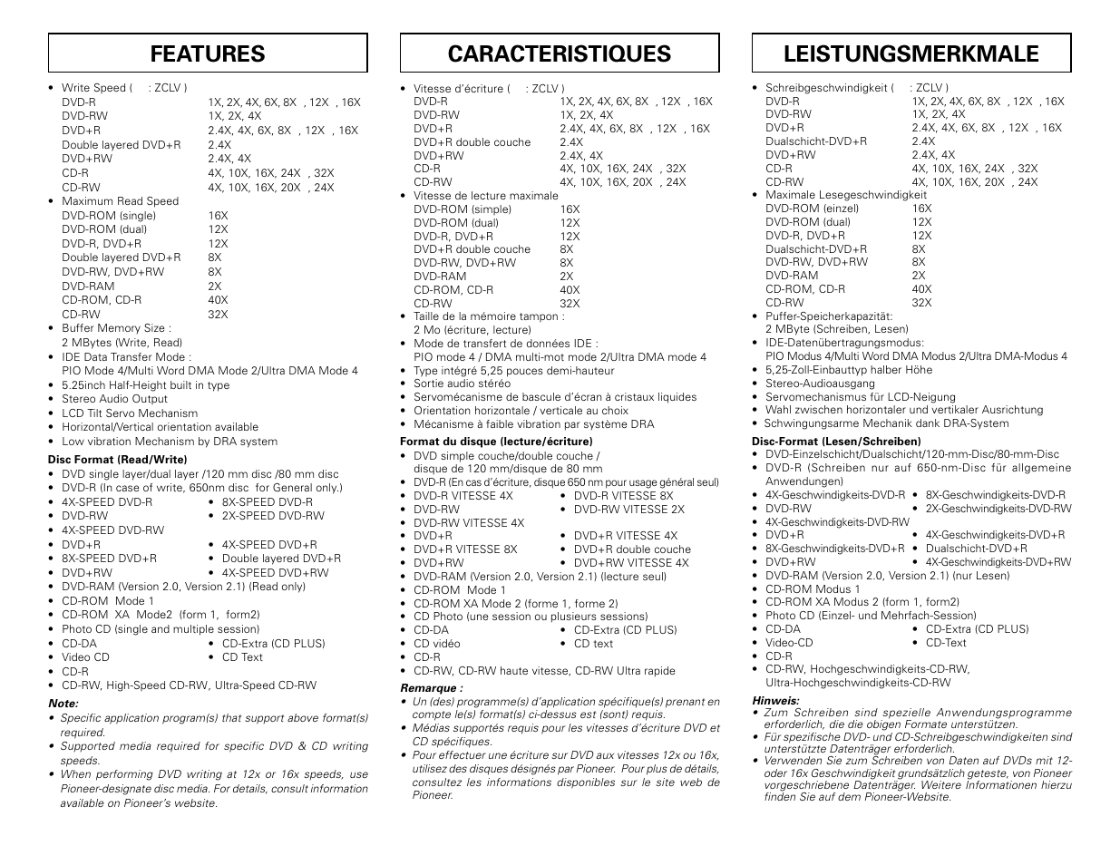Leistungsmerkmale, Caracteristiques, Features | Pioneer DVD/CD Writer DVR-108 User Manual | Page 4 / 8