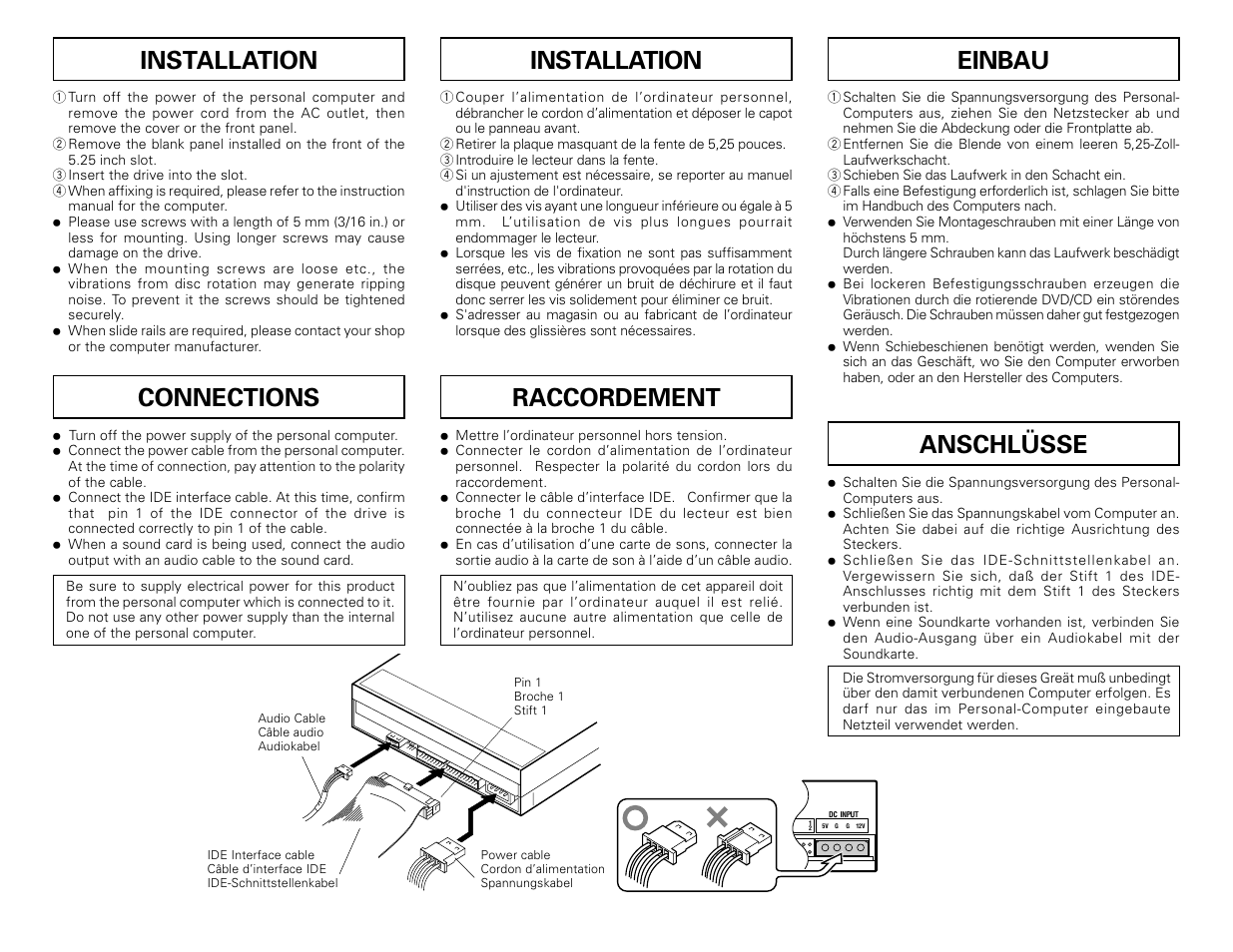 Anschlüsse, Connections, Raccordement | Installation, Einbau | Pioneer DVD/CD Writer DVR-108 User Manual | Page 7 / 8