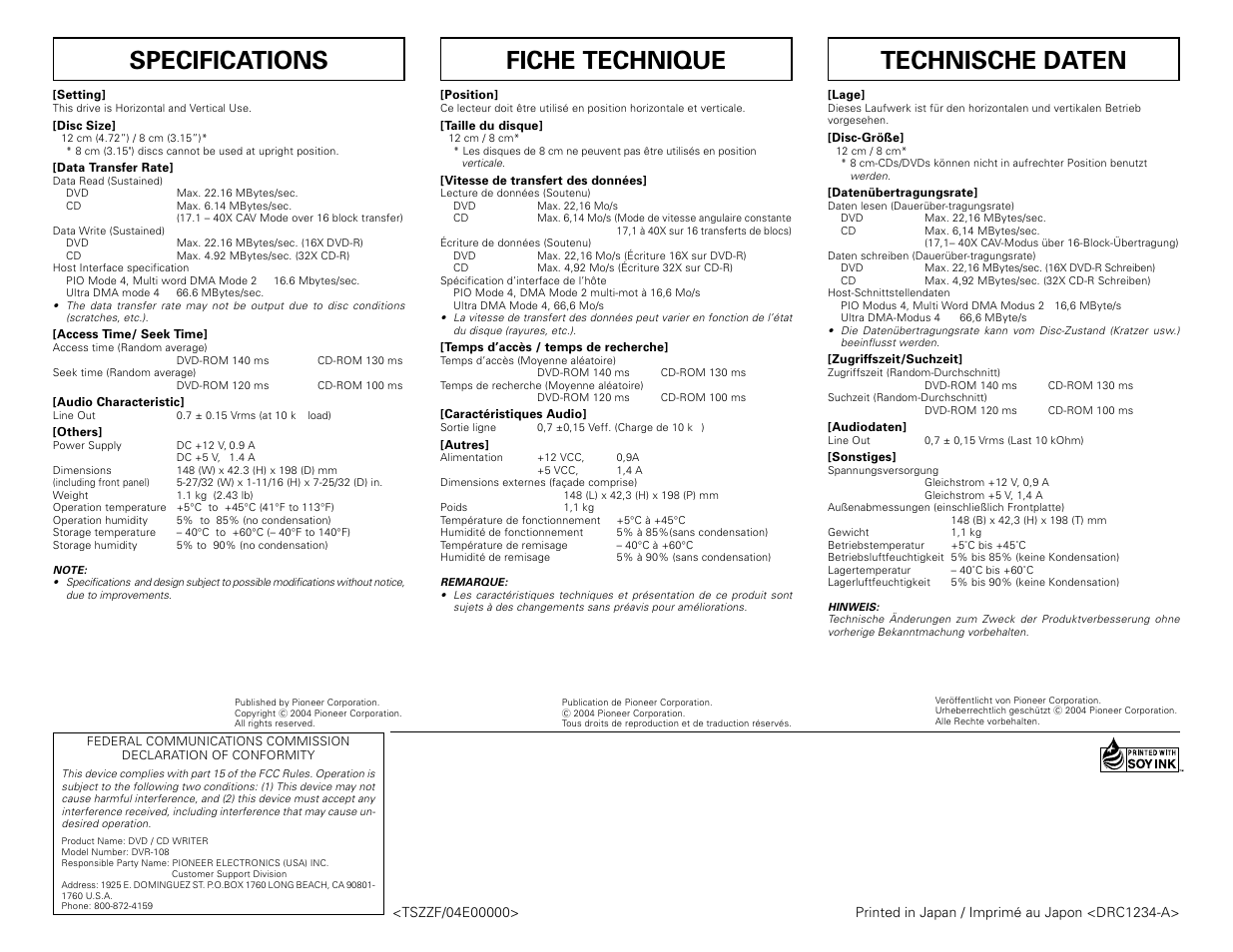 Specifications, Fiche technique, Technische daten | Pioneer corporation | Pioneer DVD/CD Writer DVR-108 User Manual | Page 8 / 8