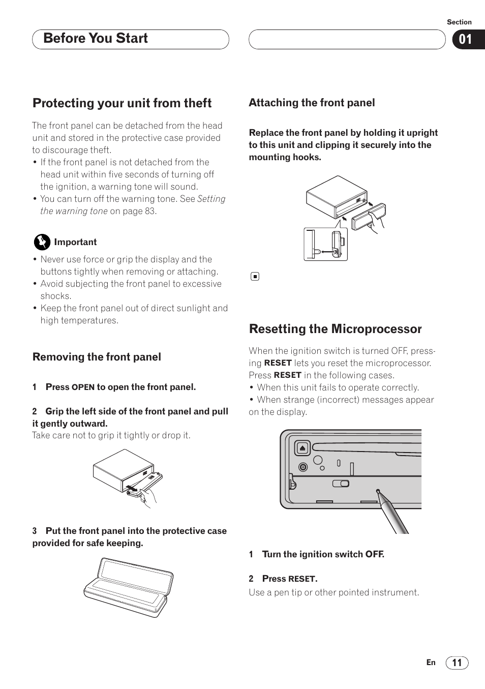 Protecting your unit from theft 11, Resetting the microprocessor 11, Before you start | Protecting your unit from theft, Resetting the microprocessor | Pioneer ANH-P9R-BK User Manual | Page 11 / 92