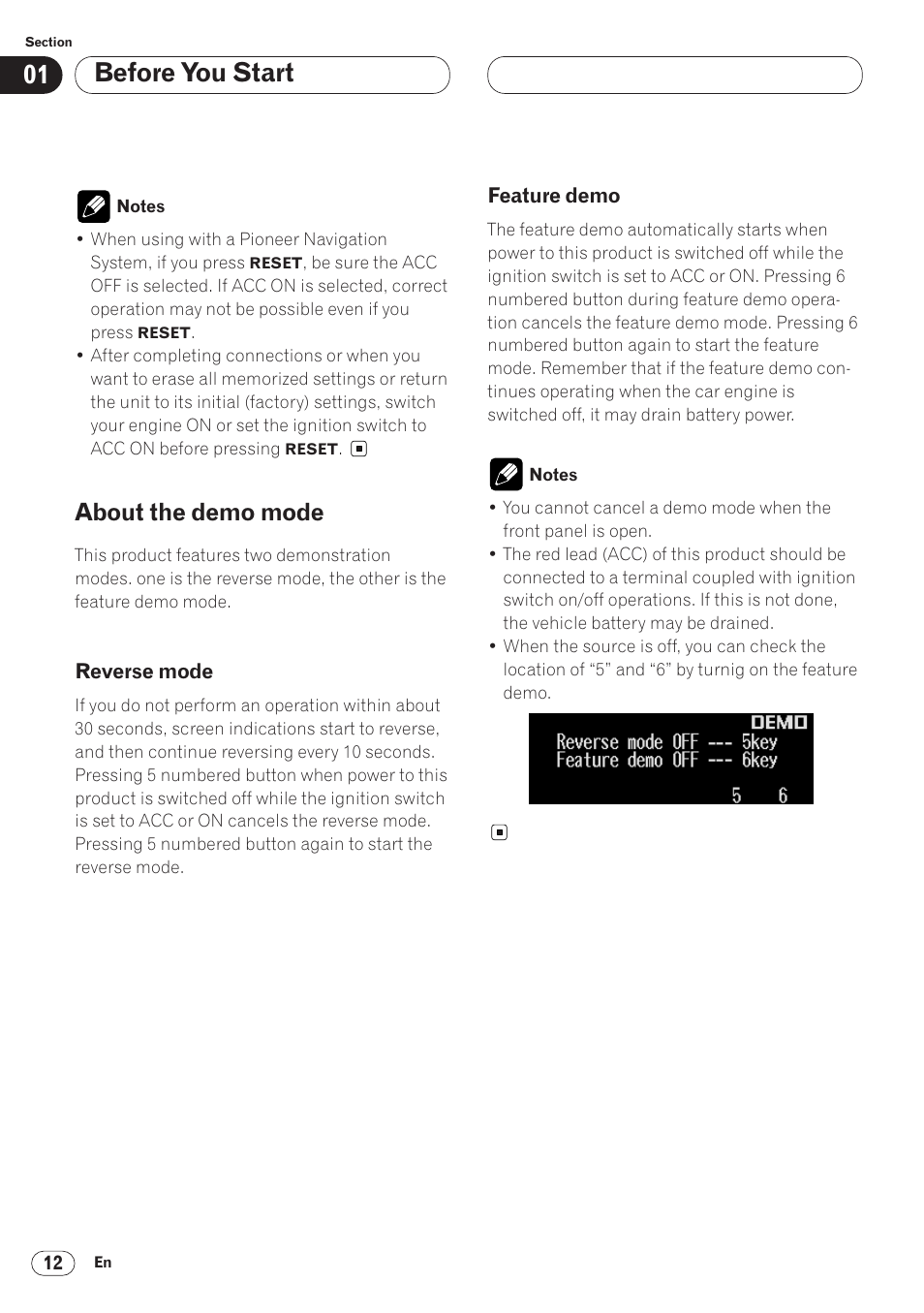 About the demo mode 12, Reverse mode 12 • feature demo 12, Before you start | About the demo mode | Pioneer ANH-P9R-BK User Manual | Page 12 / 92