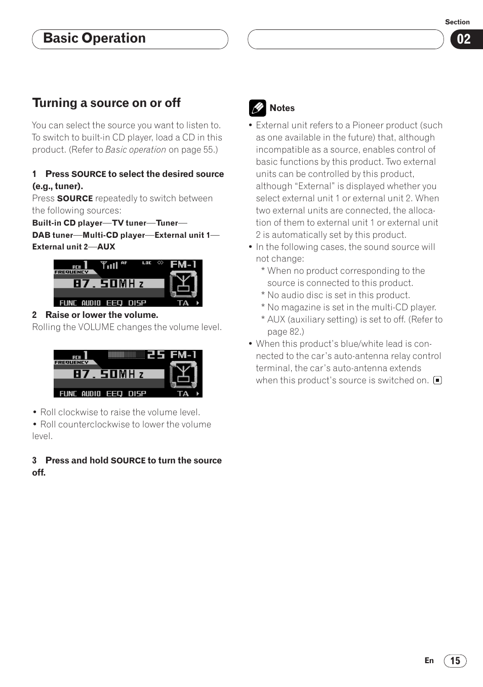 Basic operation turning a source on or off 15, Basic operation, Turning a source on or off | Pioneer ANH-P9R-BK User Manual | Page 15 / 92