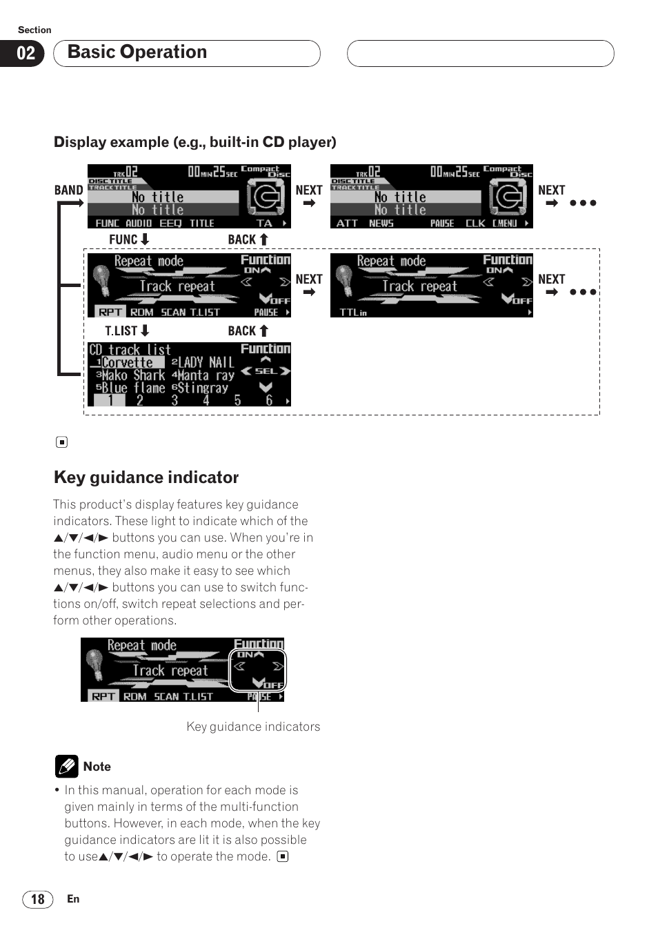 Display example, E.g., built-in cd player) 18, Key guidance indicator 18 | Basic operation, Key guidance indicator | Pioneer ANH-P9R-BK User Manual | Page 18 / 92