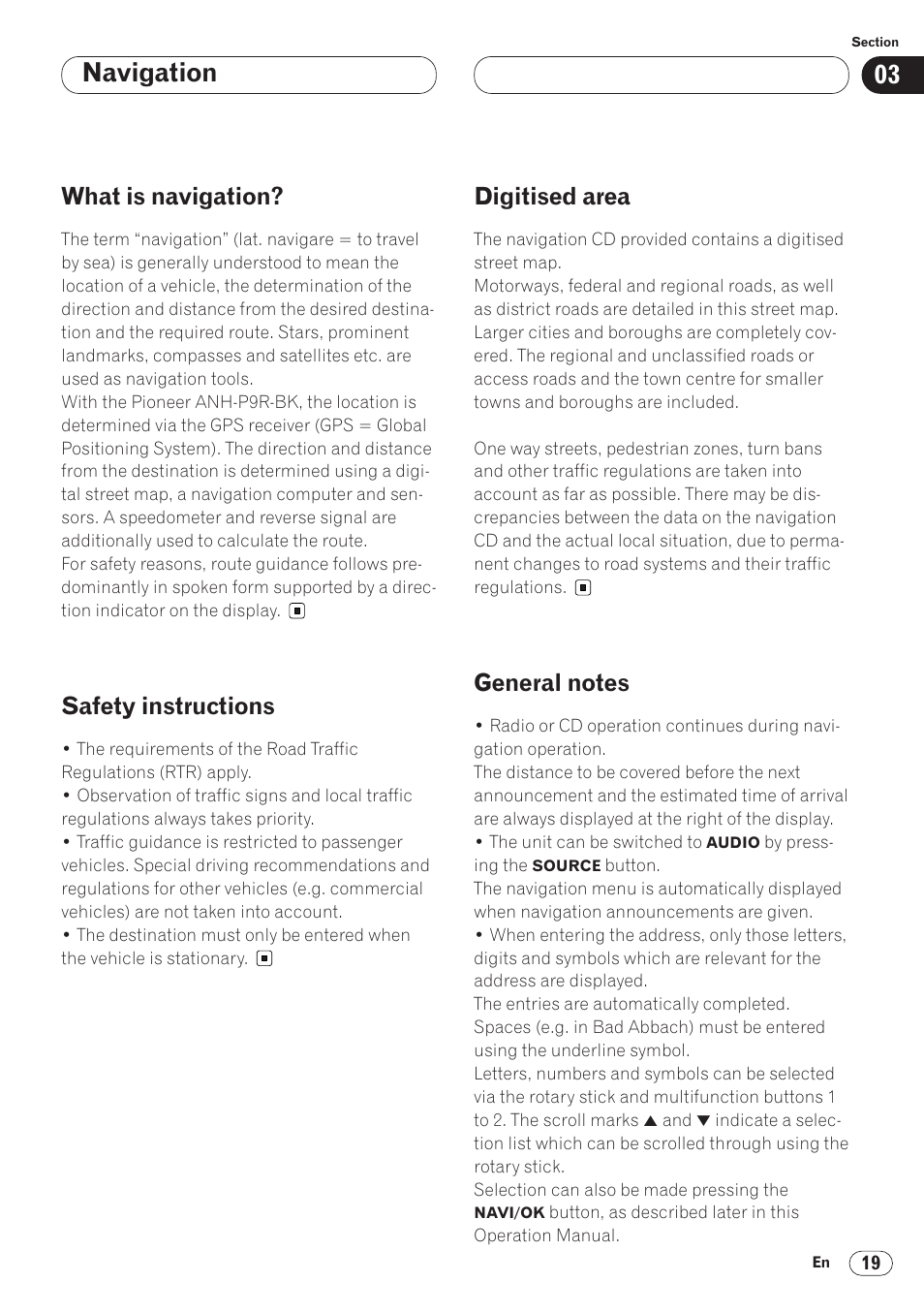 General notes 19, Navigation, What is navigation | Safety instructions, Digitised area | Pioneer ANH-P9R-BK User Manual | Page 19 / 92