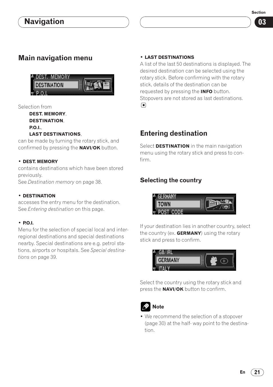 Main navigation menu 21 entering destination 21, Selecting the country 21, Navigation | Main navigation menu, Entering destination | Pioneer ANH-P9R-BK User Manual | Page 21 / 92