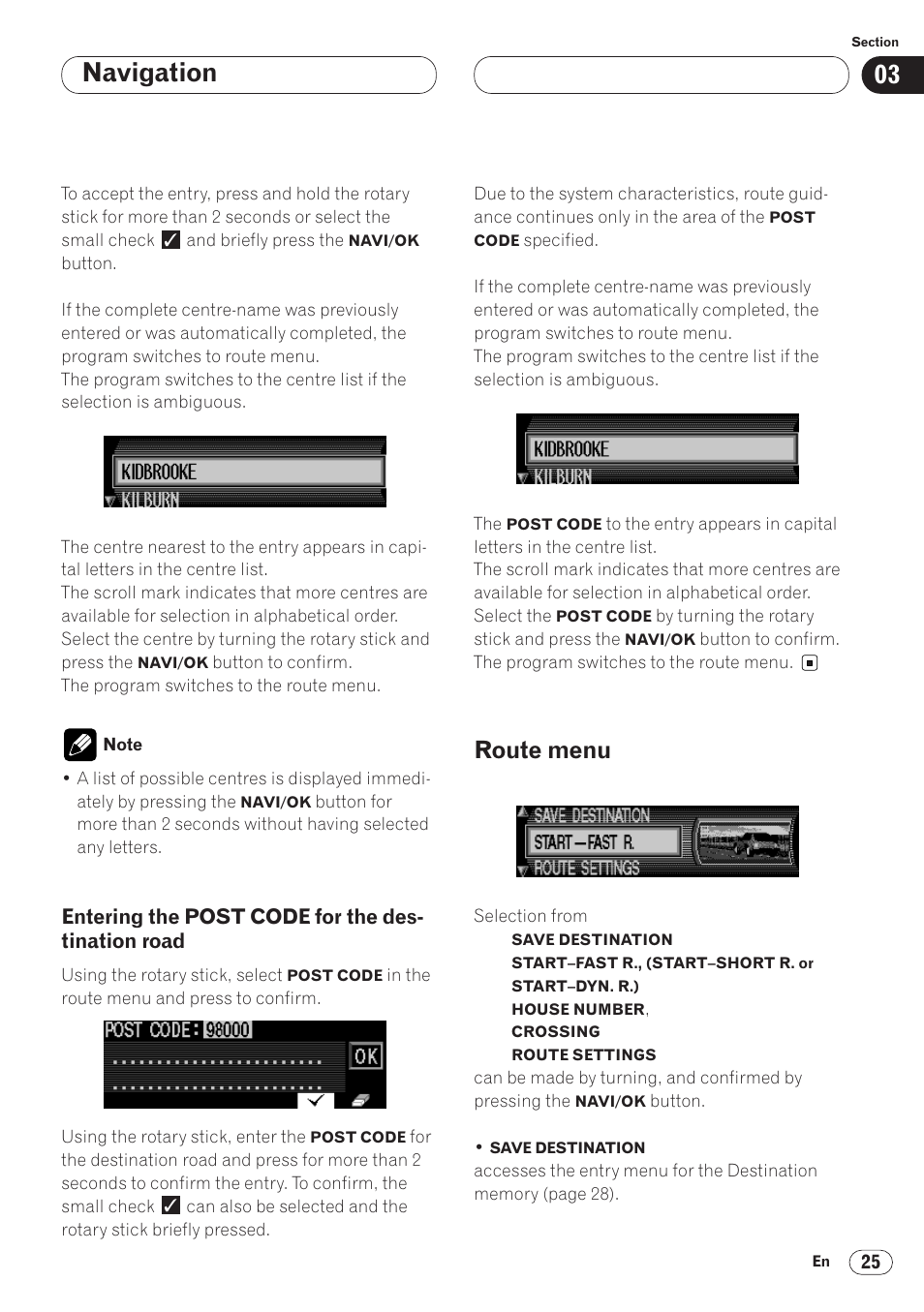 Entering the post code for the desti, Nation road 25, Route menu 25 | Navigation, Route menu | Pioneer ANH-P9R-BK User Manual | Page 25 / 92