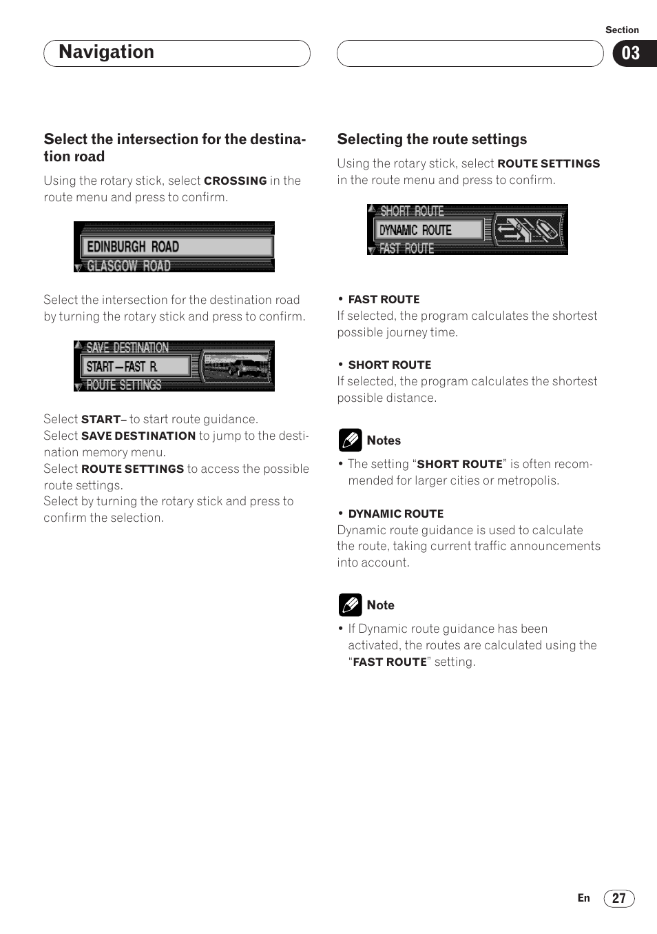 Select the intersection for, The destination road 27, Selecting the route settings 27 | Navigation | Pioneer ANH-P9R-BK User Manual | Page 27 / 92